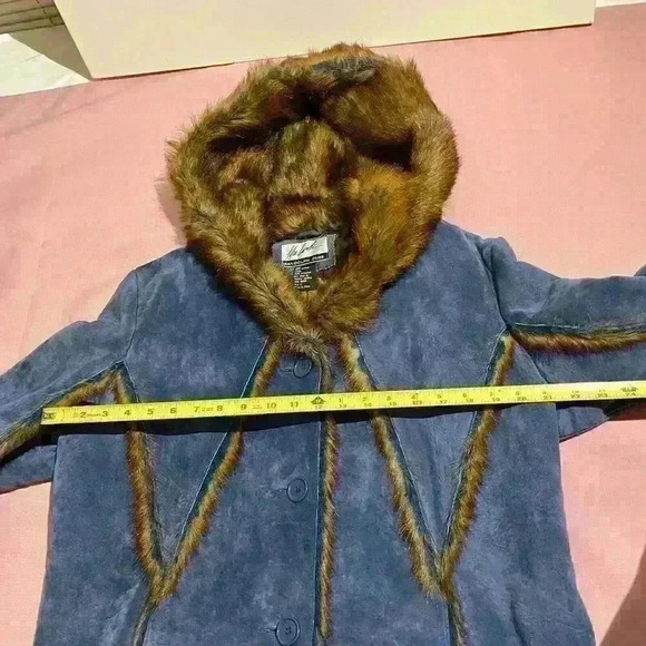 The LOOK Randolph Duke Womens Suede & Faux Fur Blue Fox Jacket Hood Size Large - Picture 5 of 16